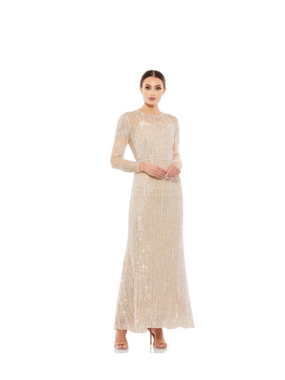 Mac Duggal Sequined Illusion High Neck Long Sleeve Trumpet Gown Size 8